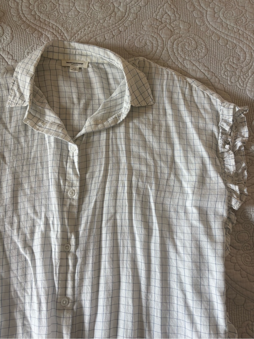 beachlunchlounge White Short Sleeve Windowpane Button-Down Shirt